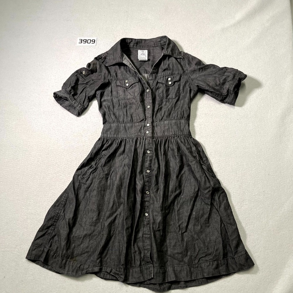 579 Shirt Dress‎ Womens XS Black Tie Back Waist Pearl Snap Front Short Sleeve